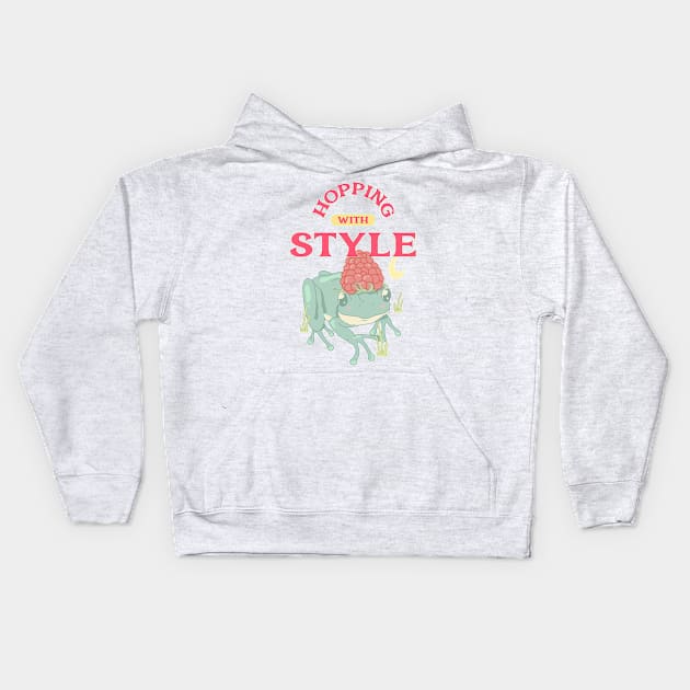 “Hopping With Style” Glamorous Frog Wearing Raspberry As A Hat Kids Hoodie by Tickle Shark Designs